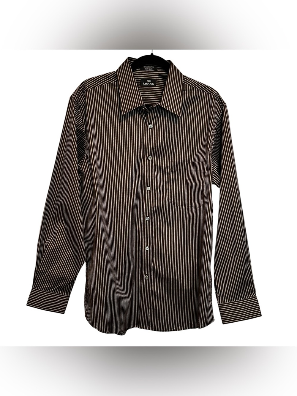 Savane Men's Brown and White Pinstripe Dress Shirt